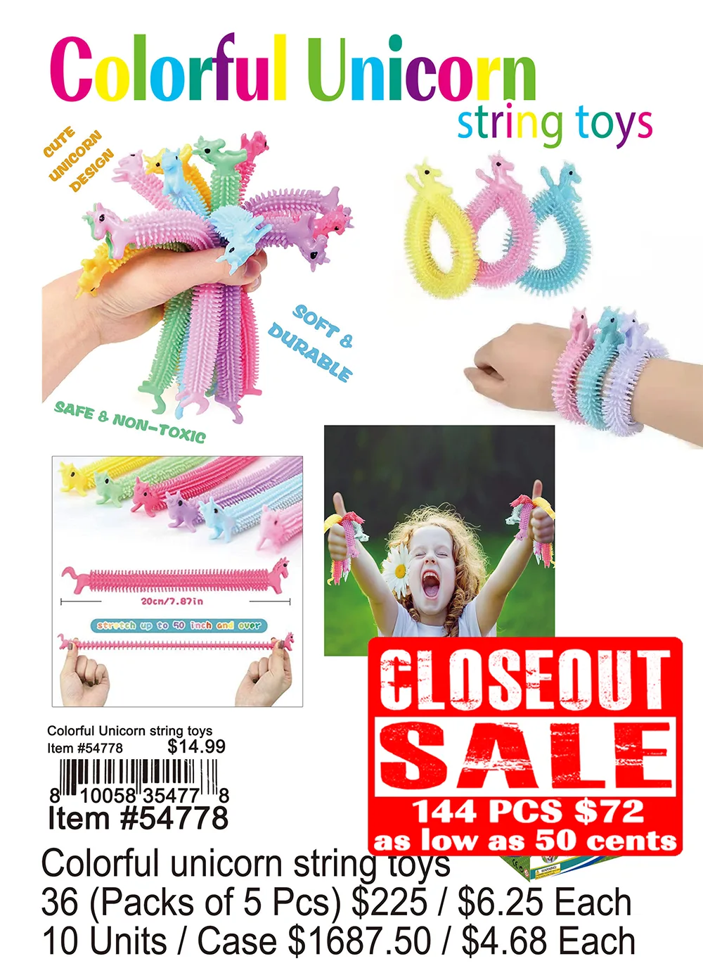 Colorful Unicorn String Toys - Closeout 144 Pcs.